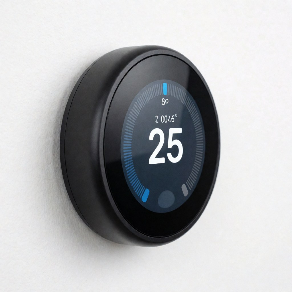 Close-up of a black digital thermostat with a blue display screen showing temperature, mounted on a plain white wall for HVAC and boiler repair services