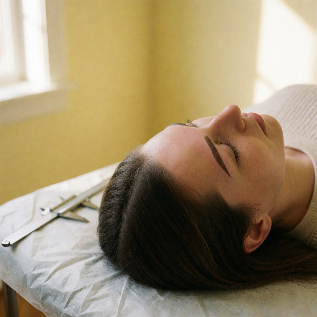Metal caliper resting on a yellow wall next to dark hair, illustrating precision in microblading for business use