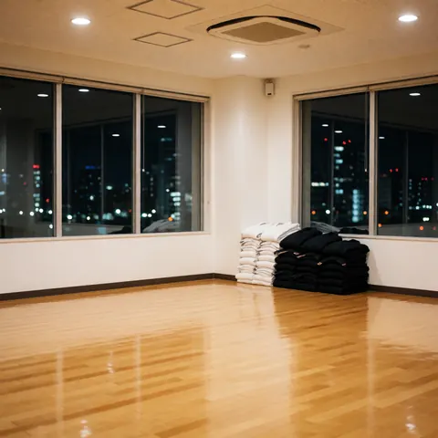 Stacked white and black karate belts in the corner of an urban dojo with polished wooden floors and windows overlooking city night lights