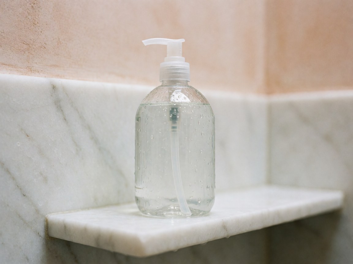 Clear liquid soap bottle with water droplets on a white marble shelf against terracotta plaster walls in a bright, clean bathroom.