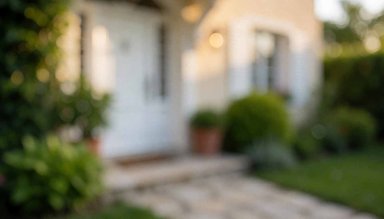 Soft background of a villa entrance with a white door, green foliage, and stone path illuminated by warm sunset light, ideal for text overlay.