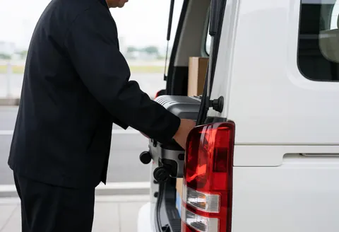 A driver loads a suitcase into the back of a white van at an airport, showcasing professional transportation service.