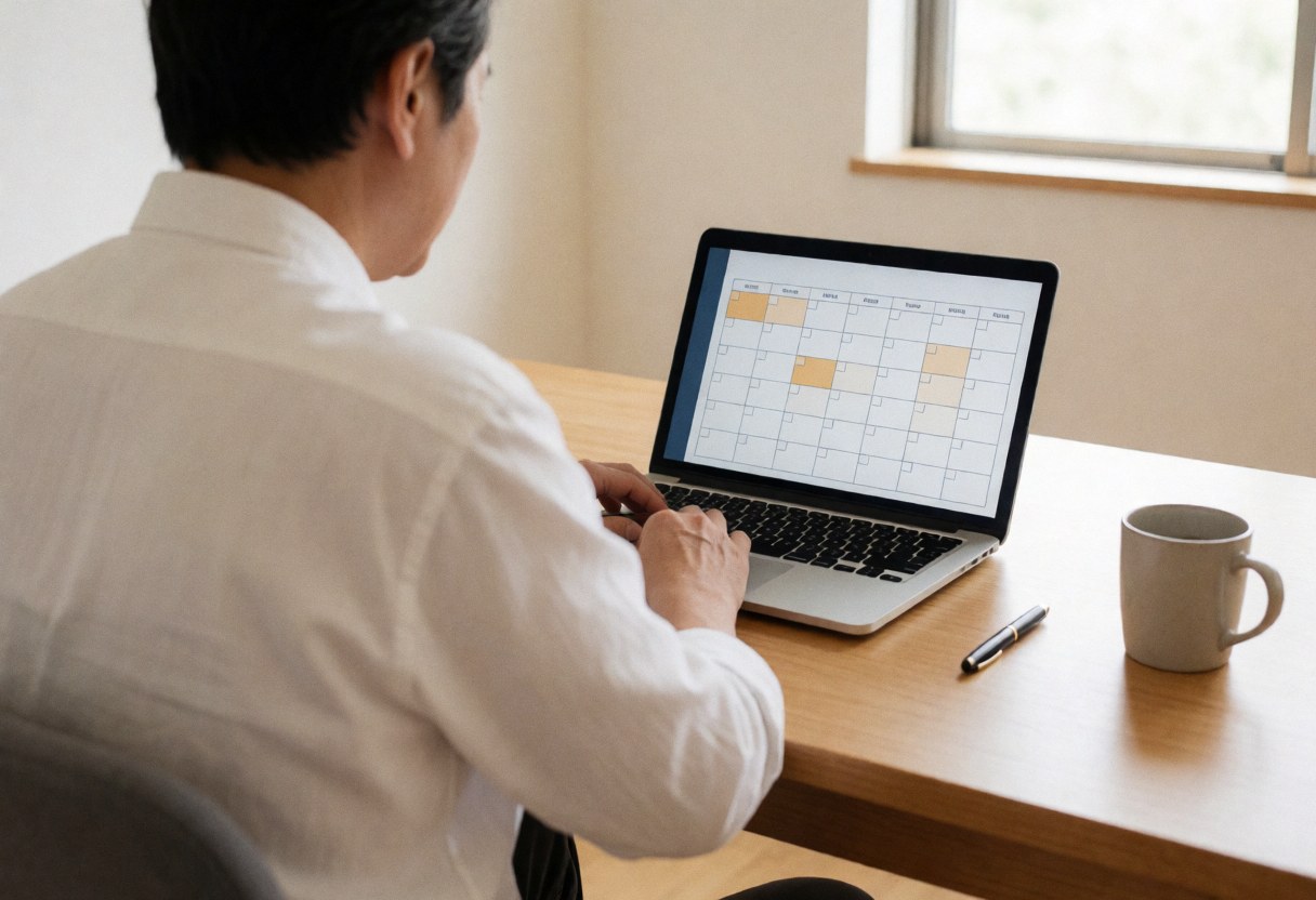 Back view of a man using a laptop with a booking calendar, coffee cup, and pen on a wooden desk near a window.