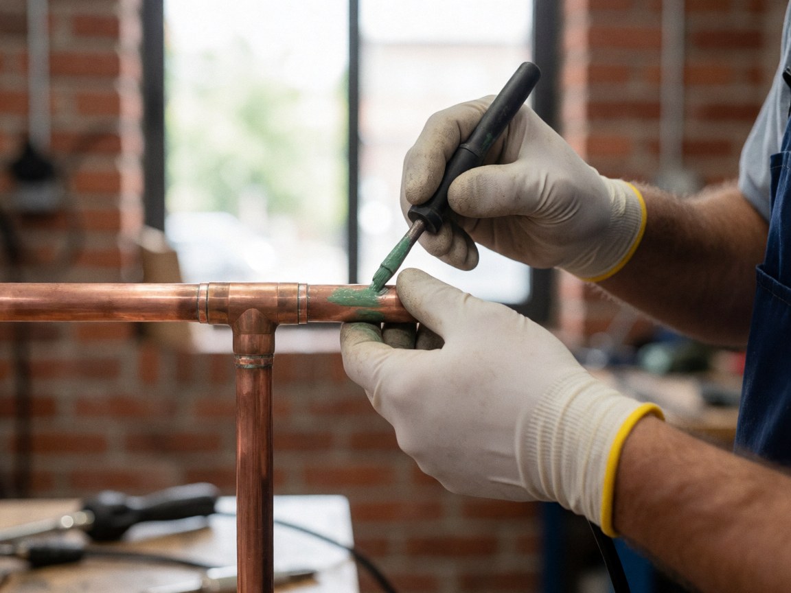 Gloved hands applying green flux to a copper pipe joint in a workshop with a red brick wall and natural light