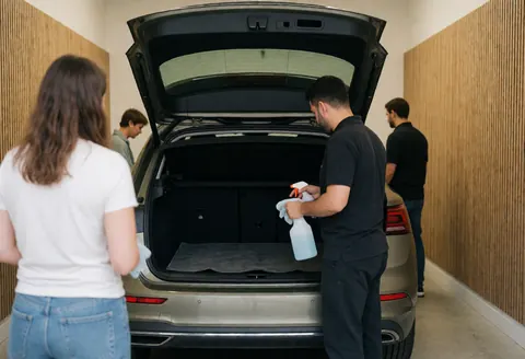 A professional cleaner uses a spray and cloth to clean the trunk of a car in a wooden garage while other customers watch the service.