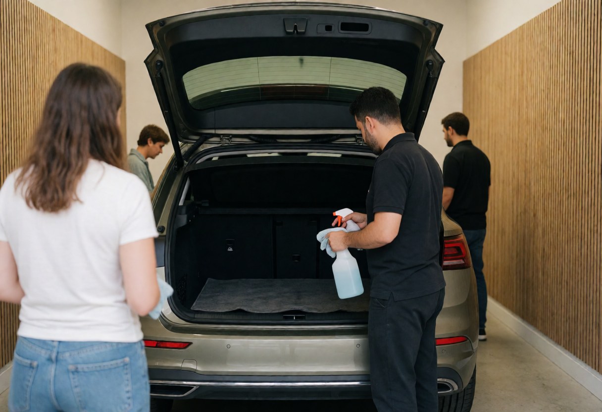 A professional cleaner uses a spray and cloth to clean the trunk of a car in a wooden garage while other customers watch the service.
