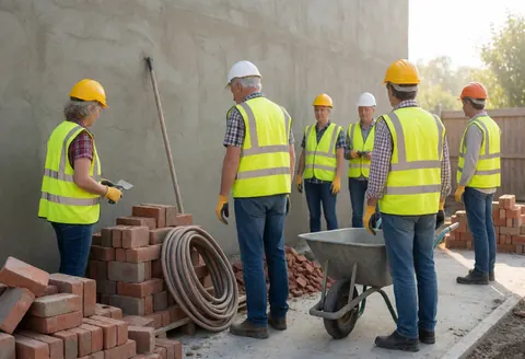 Bricklayers in yellow safety gear working on a freshly plastered wall with bricks, wheelbarrow, and hose