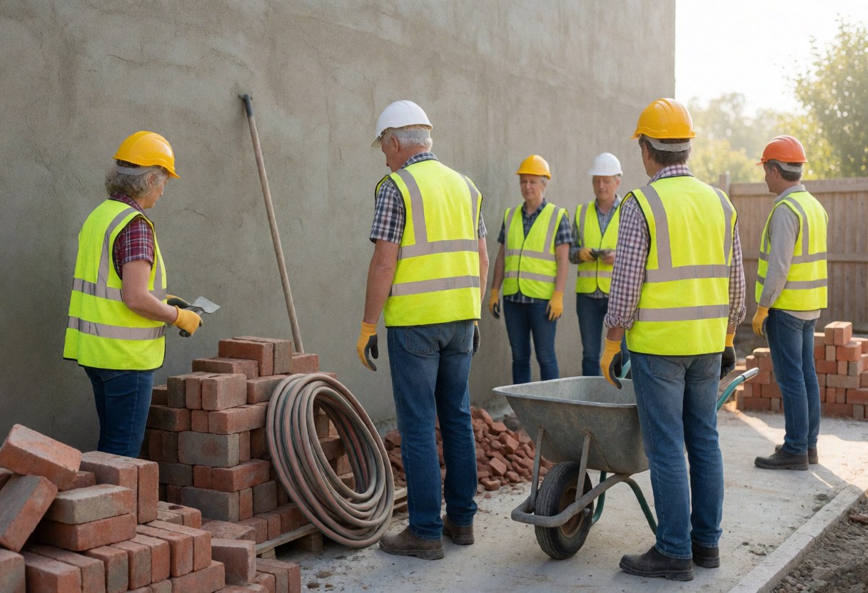 Bricklayers in yellow safety gear working on a freshly plastered wall with bricks, wheelbarrow, and hose