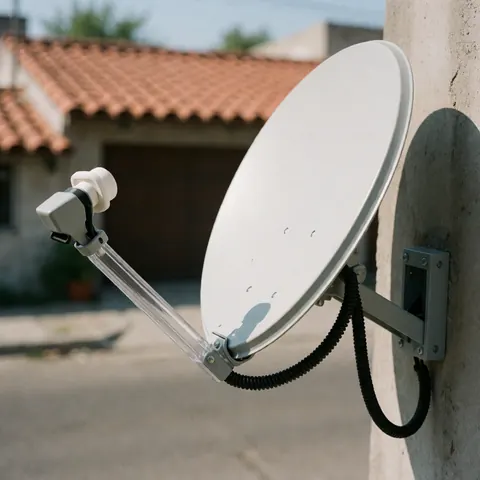 White satellite dish installed on a concrete wall with black cable, set against a residential street background featuring terracotta roof tiles.