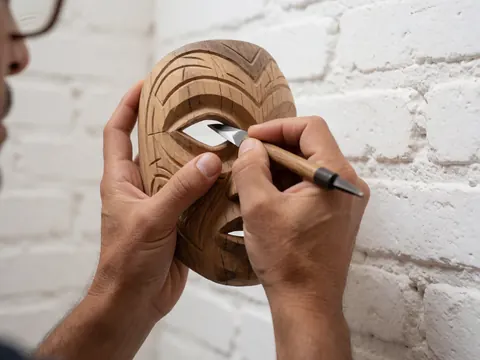Close-up of a hand using a carving tool to shape the eye of a prehispanic style wooden mask against a white brick wall.
