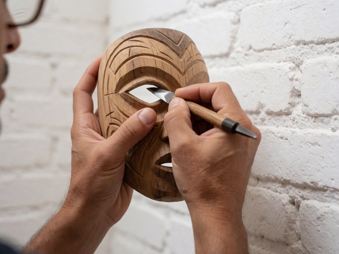 Close-up of a hand using a carving tool to shape the eye of a prehispanic style wooden mask against a white brick wall.