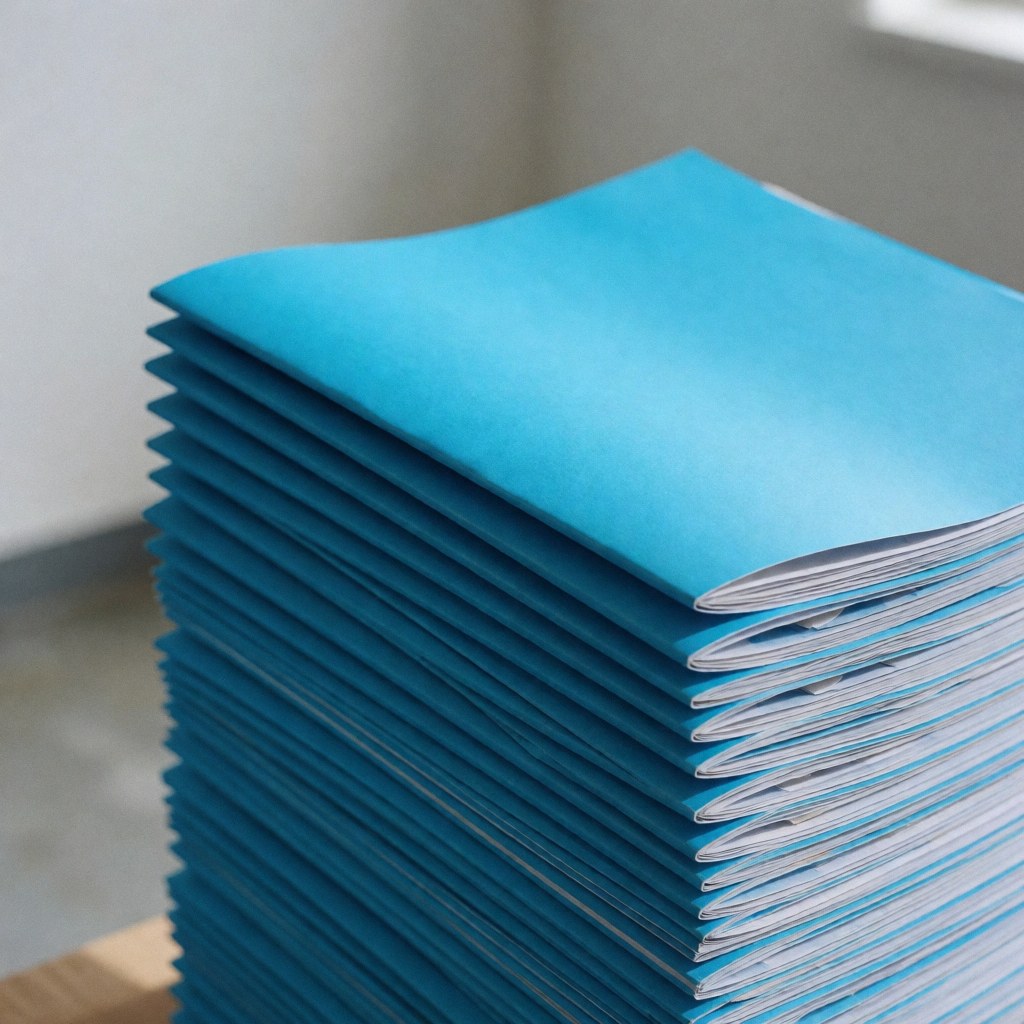 Neat stack of printed cyan brochures with sharp edges and precise folds on a gray surface in a bright office setting