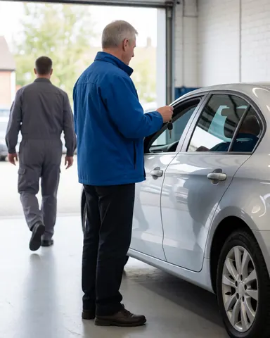 Mechanic hands a car key to a customer standing next to a silver vehicle in a clean professional garage with another mechanic in the background