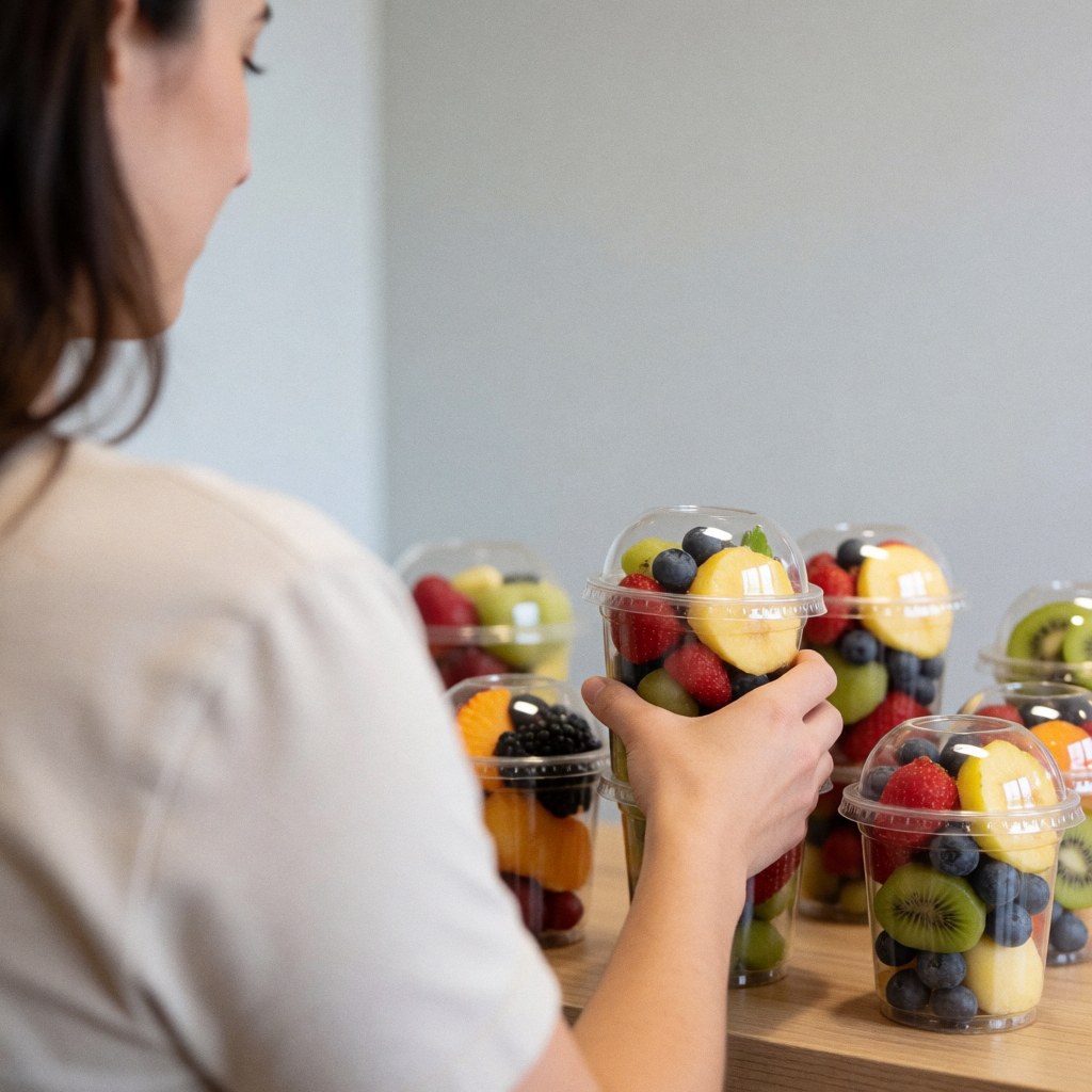 A customer enjoying fresh fruit at a store counter with plastic containers and natural light
