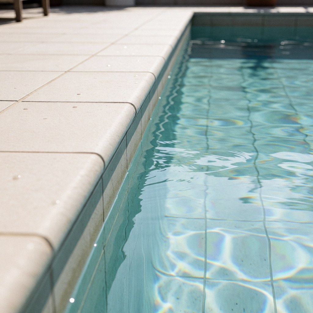 A public swimming pool featuring crystal clear water and a clean tiled deck, ideal for relaxation and sunbathing in a modern outdoor setting.