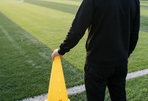 Soccer coach standing on artificial turf with yellow cone during sunset