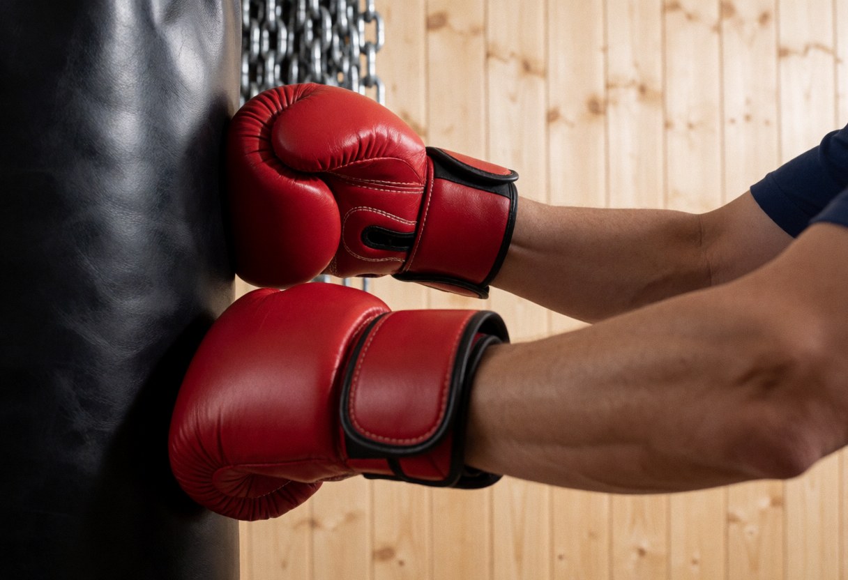 Close-up of red boxing gloves hitting a black punching bag with chains and wooden wall in background