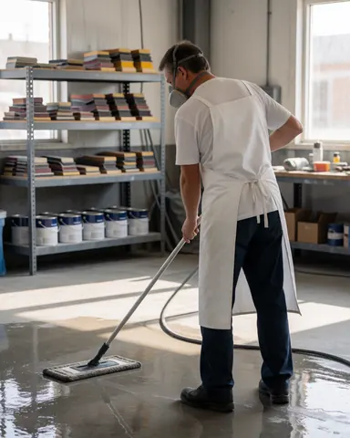 A worker wearing a mask and white apron cleans the wet concrete floor with a mop in an auto paint shop.