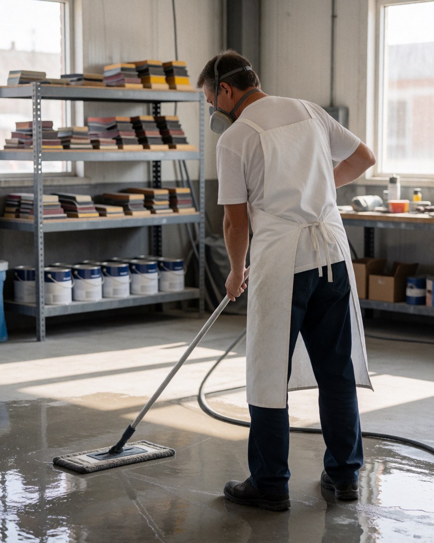 A worker wearing a mask and white apron cleans the wet concrete floor with a mop in an auto paint shop.
