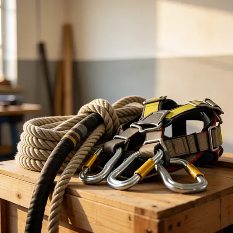Professional safety belt with carabiners and thick coiled rope resting on a wooden box in a workshop with natural light