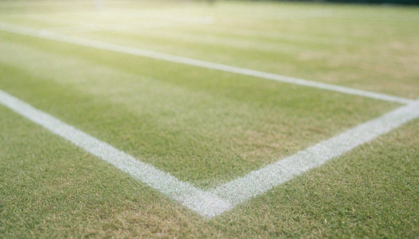 Tennis court background with white lines and green grass, ideal for text overlay. Professional and calm scene, perfect for superimposing logos or business messages.