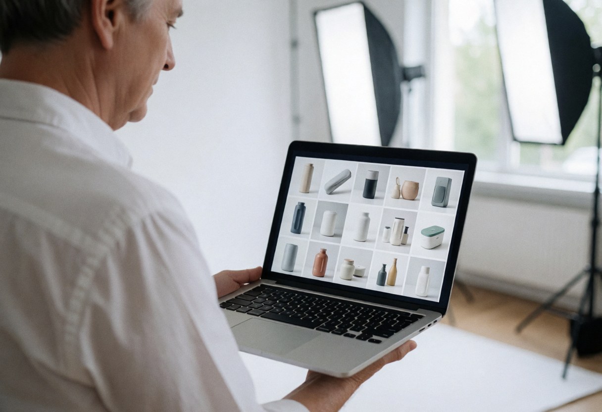 Product photographer reviewing images on a laptop in a studio with professional lighting and a white background