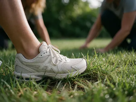 Close-up of a white sneaker resting on green grass covered in dew drops with a blurred outdoor background