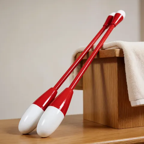 Two glossy red and white rhythmic gymnastics clubs resting on a wooden podium with a white towel under soft studio lighting