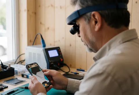 Electronics repair technician using a magnifying glass to inspect a damaged cell phone screen on a wooden workbench with tools visible