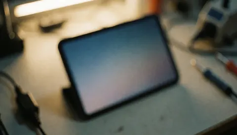 A tablet with a dark screen sits on a workbench surrounded by repair tools and cables under warm lighting with soft bokeh.