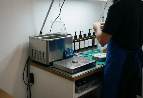 Watchmaker in blue apron cleaning watches at organized workbench with ultrasonic cleaner, solvents, tools, and watch parts.
