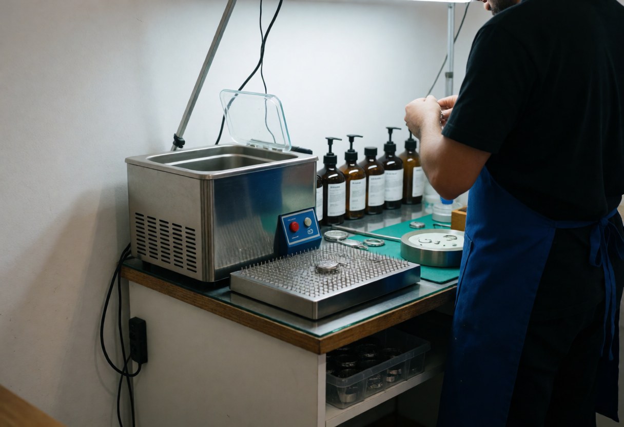 Watchmaker in blue apron cleaning watches at organized workbench with ultrasonic cleaner, solvents, tools, and watch parts.