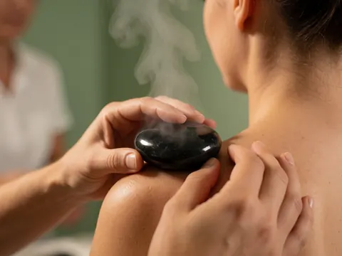 Close-up of a hot stone on a shoulder during a massage, with steam rising and hands applying pressure against a blurred green background.