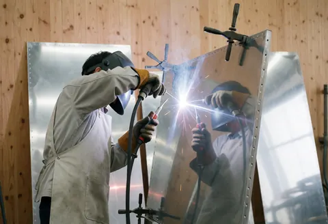 A welder wearing protective gear works on an aluminum panel in a workshop setting with visible sparks and wooden walls.