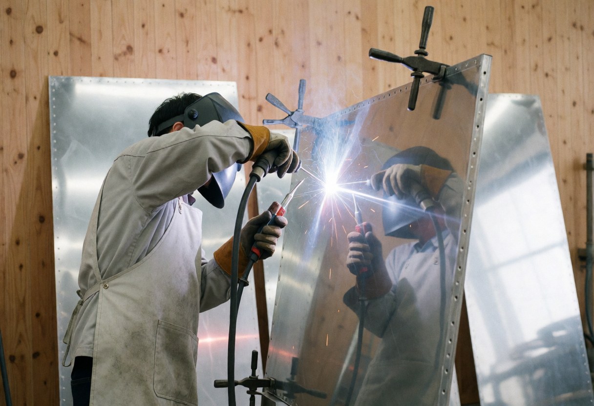 A welder wearing protective gear works on an aluminum panel in a workshop setting with visible sparks and wooden walls.