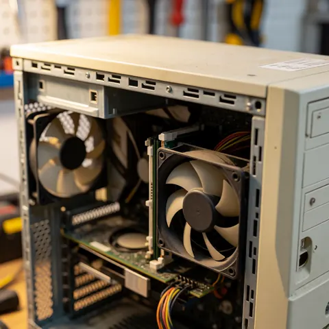 Beige computer with open side panel revealing internal components and dusty cooling fans in a repair workshop setting