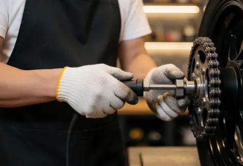 Mechanic wearing gloves cleans a motorcycle chain using a specialized tool in a workshop with warm lighting and visible metallic texture.