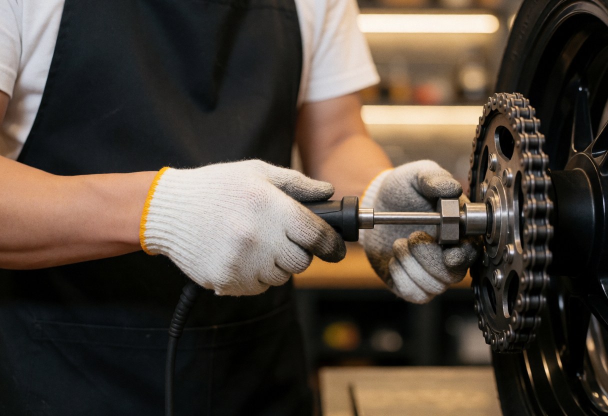 Mechanic wearing gloves cleans a motorcycle chain using a specialized tool in a workshop with warm lighting and visible metallic texture.