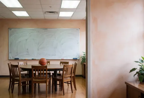 Empty strategy room featuring a whiteboard, wooden chairs, and a basketball on a central table with terracotta walls and polished wood floor.