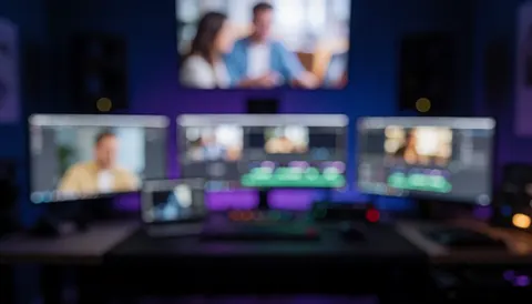 Professional studio editing background with multiple monitors in bokeh, blue and purple lights, ideal for digital service texts