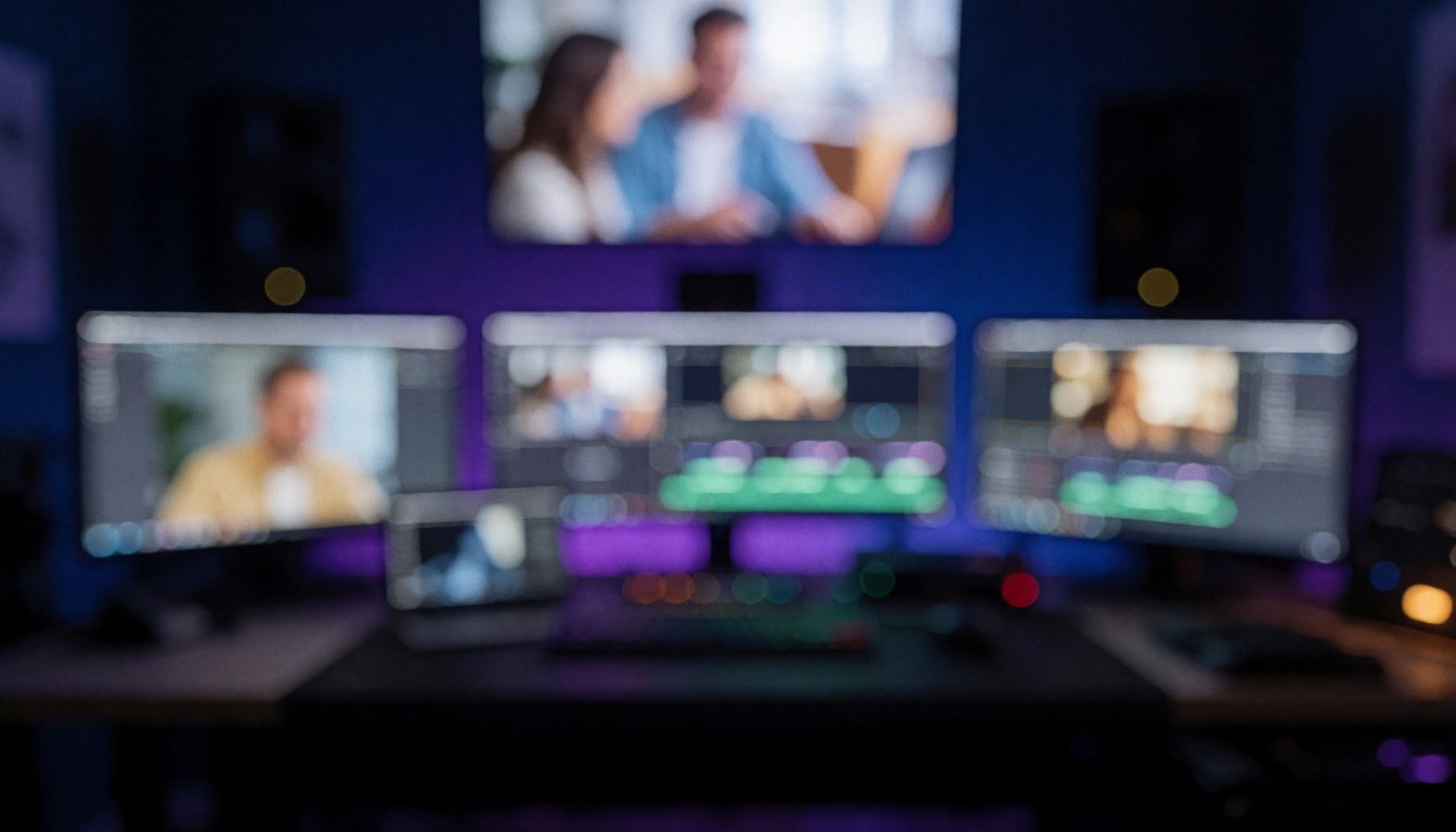 Professional studio editing background with multiple monitors in bokeh, blue and purple lights, ideal for digital service texts