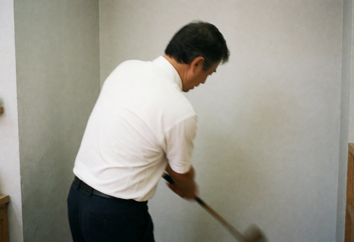 Golf instructor mid-swing with a wood club against a light gray background, wearing black and white attire, captured in motion with realistic lighting.