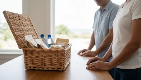 Two individuals standing beside an open wicker basket filled with water and snacks on a wooden table near a window.