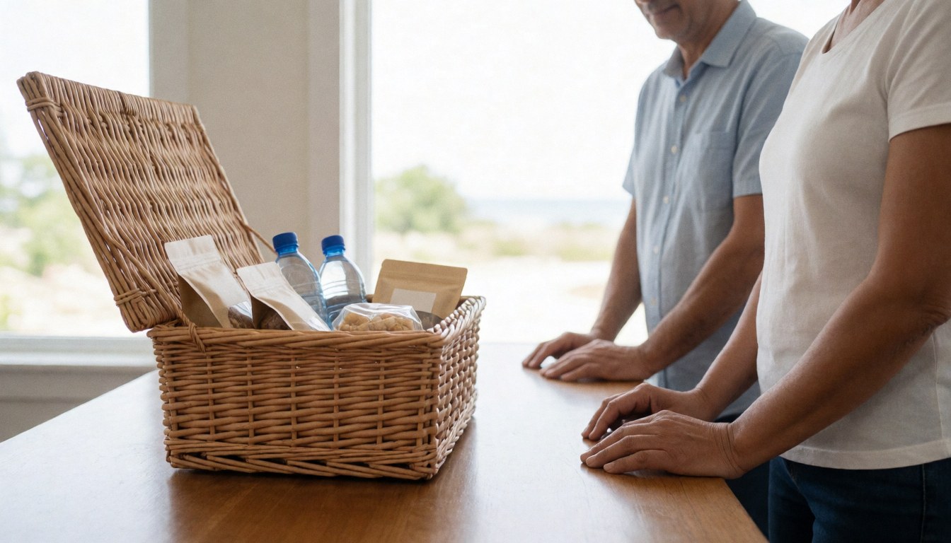 Two individuals standing beside an open wicker basket filled with water and snacks on a wooden table near a window.