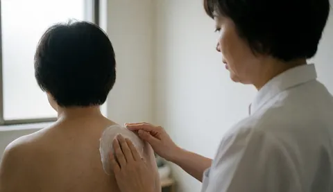 Therapist applying cream to a client's shoulder in a clinic with natural light, demonstrating cupping massage technique.