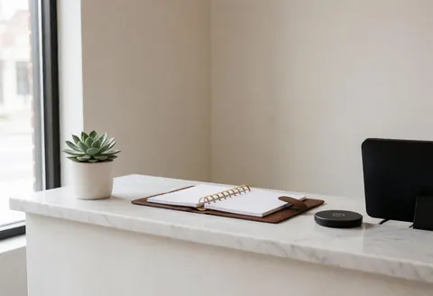 White marble desk featuring a potted plant, brown leather notebook, and black wireless charger in a serene microblading studio reception area.