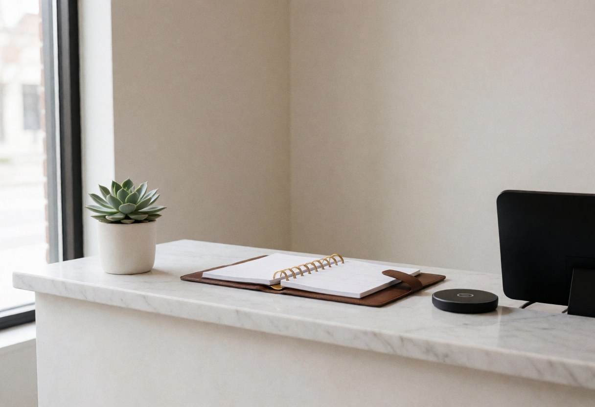 White marble desk featuring a potted plant, brown leather notebook, and black wireless charger in a serene microblading studio reception area.