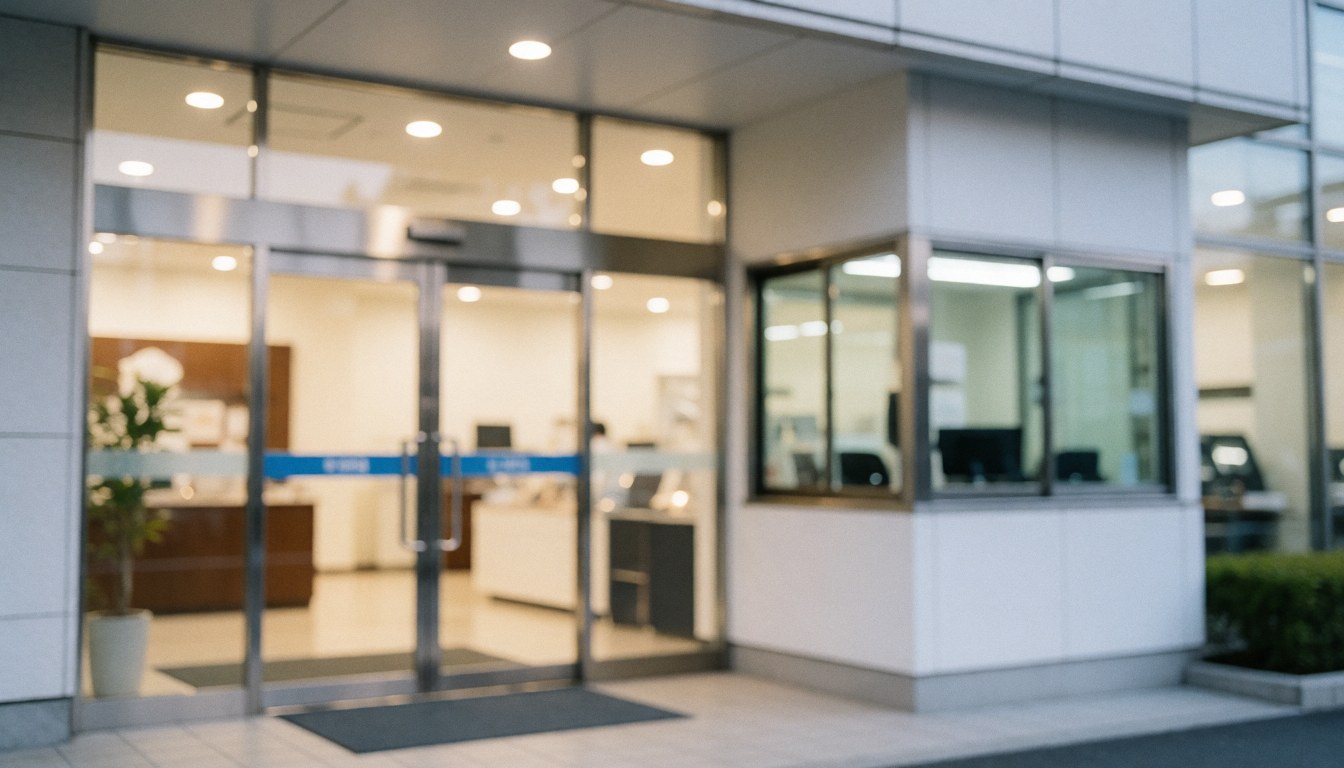 Building entrance featuring glass doors and a security guard, illuminated by warm interior lighting.