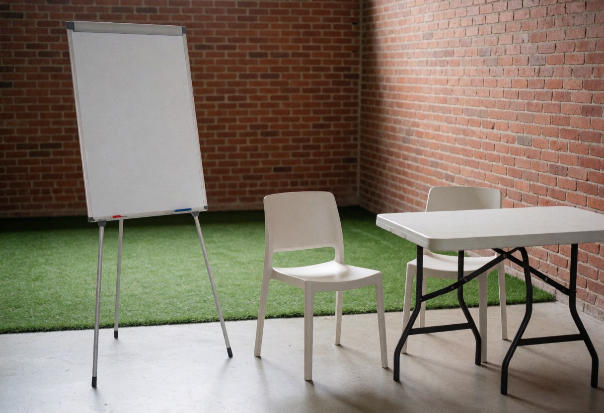 Whiteboard on table with chairs in outdoor soccer tactical area on artificial grass near brick wall