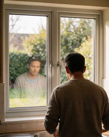 A satisfied client examines a double-pane aluminum window in a kitchen with a blurred green garden visible outside.